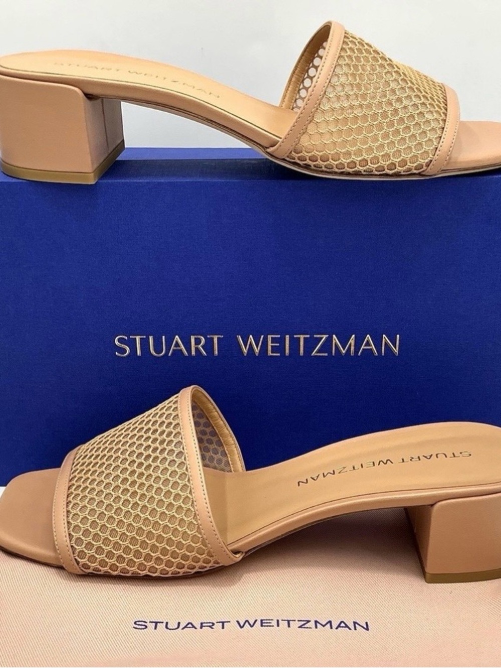 Stuart Weitzman Nude Tan Mesh Slide Sandals